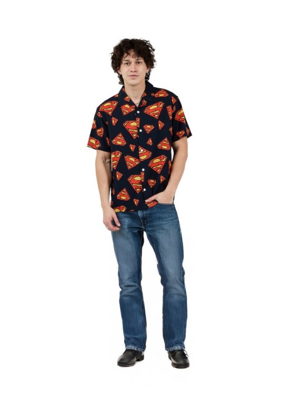 Superman S-Shield All-Over Print Men's Collared Button-Up Short Sleeve Shirt-M